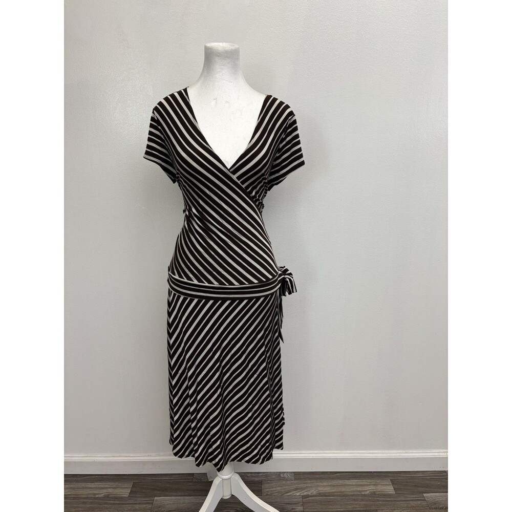 MAX EDITION STRIPED DROP WAIST MIDI DRESS M  SIDE TIE PLUNGING V NECK BOHO